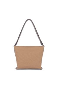 Sac à main rectangulaire beige avec poignée en cuir gris, présentant des coutures simples et un design structuré sur un fond blanc.