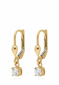 Guldtonade örhängen med gångjärnsback. Varje örhänge har en klar, rund, fasetterad kristall som är placerad i en kvadratisk fäste.