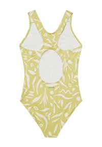 Maillot de bain une pièce de couleur vert clair avec des motifs abstraits blancs, présentant des bretelles larges et un dos nu. Le logo de la marque est visible.