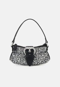 Black handbag with silver embellishments, rounded shape, short strap, and buckle detail at the front. Textured surface with studded design.