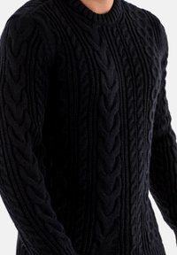 Suéter negro de punto trenzado que presenta un patrón texturizado, cuello acanalado y mangas largas. Fabricado con una tela gruesa y cálida.