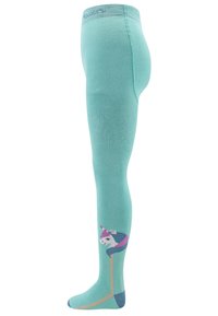 Helle blaue Strumpfhosen mit einem Einhorn-Design. Weiches, dehnbares Material. Beinhaltet ein farbenfrohes Einhorn-Motiv sowie kontrastierende Details an Zehen und Fersen.