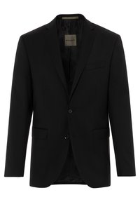 Black blazer made of smooth fabric, featuring a notched lapel, two front pockets, a single-button closure, and textured interior lining.