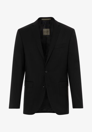 Black blazer made of smooth fabric, featuring a notched lapel, two front pockets, a single-button closure, and textured interior lining.