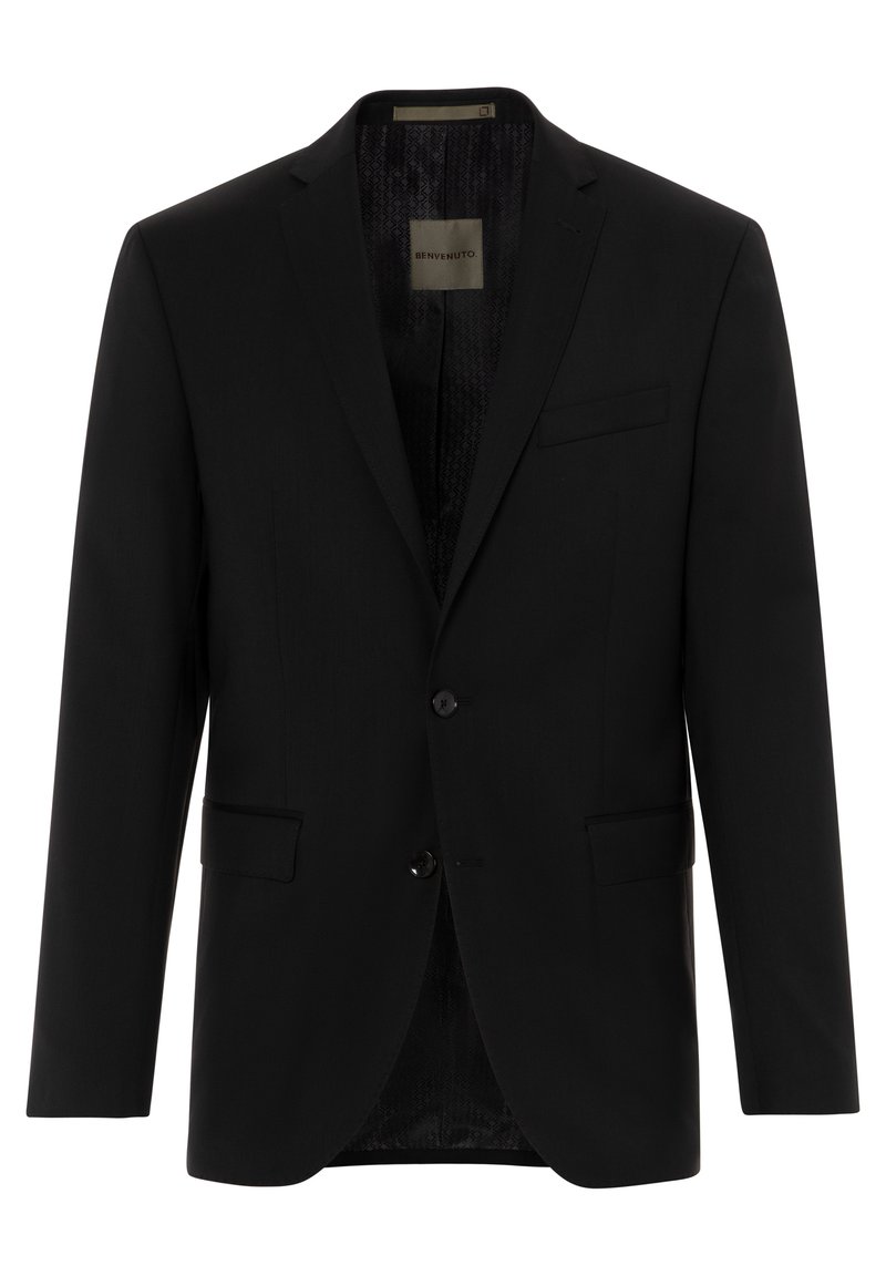 Black blazer made of smooth fabric, featuring a notched lapel, two front pockets, a single-button closure, and textured interior lining.