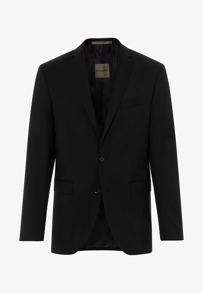 Black blazer made of smooth fabric, featuring a notched lapel, two front pockets, a single-button closure, and textured interior lining.