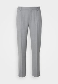 Light gray tailored trousers with pleats, made from smooth fabric. Features a straight leg design and a flat waistband for a contemporary fit.