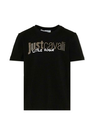 T-shirt nera a maniche corte con la scritta "just cavalli" in borchie dorate e "LITTLE ROGUE" stampata in bianco sul petto.