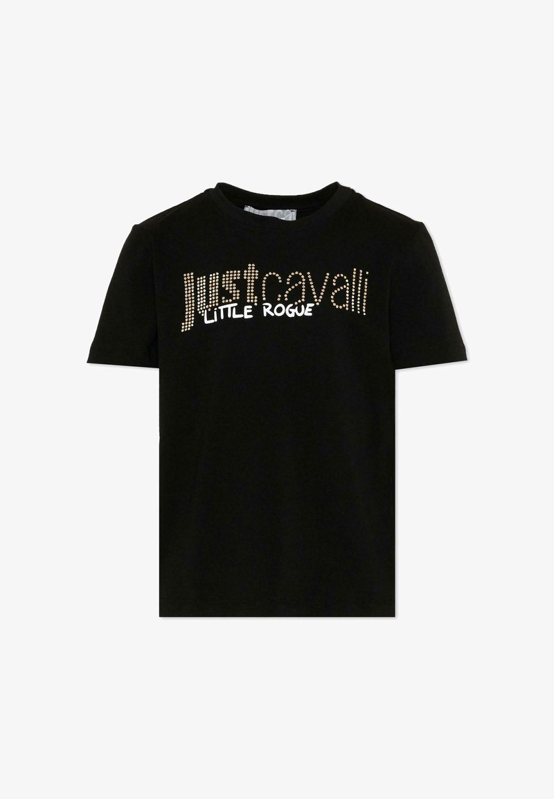 T-shirt noir à manches courtes avec "just cavalli" en strass dorés et "LITTLE ROGUE" en texte blanc imprimé sur la poitrine.