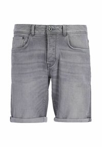 Grå denim shorts med opsmøg, fem lommer og frontknaplukning; tekstureret stof med subtile falmning detaljer.