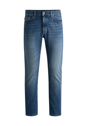 Jean en denim bleu foncé avec une coupe droite, design à cinq poches, légère décoloration sur les cuisses et fermeture à un seul bouton à la taille.