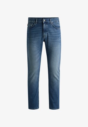 Jean en denim bleu foncé avec une coupe droite, design à cinq poches, légère décoloration sur les cuisses et fermeture à un seul bouton à la taille.