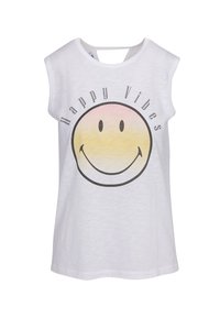 Witte mouwloze T-shirt met een gradiënt glimlach-gezicht grafiek en de tekst "Happy Vibes" in het zwart, ronde hals en een open rug design.