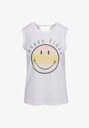 Witte mouwloze T-shirt met een gradiënt glimlach-gezicht grafiek en de tekst "Happy Vibes" in het zwart, ronde hals en een open rug design.