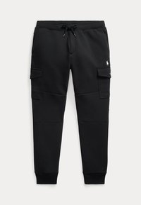 Μαύρο παντελόνι jogger με κορδόνι στη μέση, τσέπες τύπου cargo με καπάκια και στις δύο πλευρές, ribbed μπατζάκια στους αστραγάλους και μικρό λευκό λογότυπο στην δεξιά τσέπη.