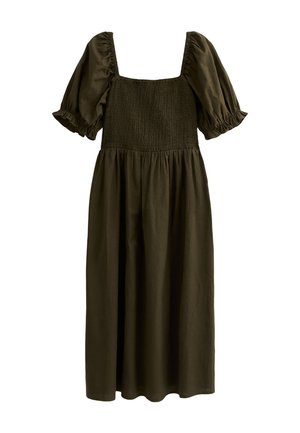 Vestido verde oliva de escote cuadrado con cuerpo fruncido y mangas abullonadas. Falda en línea A fluida que se extiende hasta el dobladillo, hecha de tela suave.