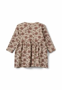 Haljina dugih rukava od kremaste tkanine s smešnim cvjetnim uzorkom, skupljenim strukom i okruglim izrezom. Mekana tekstura i ležeran dizajn.