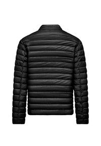 Giacca a vento nera con design a righe orizzontali, colletto alto e maniche lunghe. Tessuto liscio e materiale leggero.