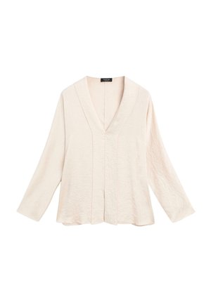 Lichtroze blouse met lange mouwen en V-hals, van textuurstof en verticale plooien. De ontspannen pasvorm en de zachte oppervlakte verhogen het comfort.
