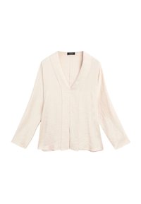 Light pink long-sleeve blouse with a V-neck, textured fabric, and vertical pleats. Relaxed fit and soft surface enhance comfort.
