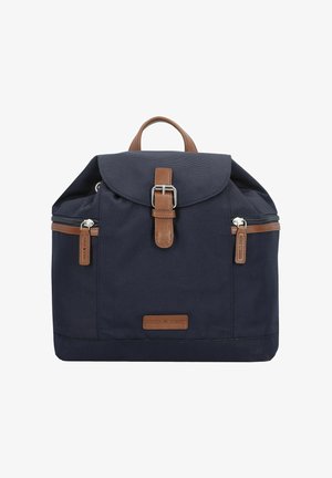 Zaino in tessuto blu navy con chiusura a patta, dettagli in pelle marrone, due tasche frontali con zip e manico superiore per un facile trasporto.