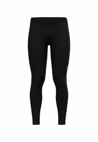 Black athletic leggings featuring a fitted design, reinforced seams, and a padded insert for comfort. Made from stretchy, breathable material.