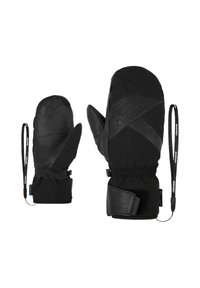 Schwarze Handschuhe aus Leder und Textil, mit einem Handgelenkband, elastischen Ärmeln und strukturierten Akzenten für zusätzlichen Grip.