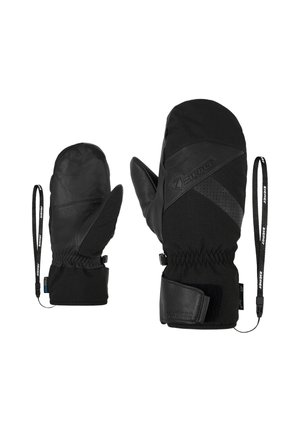 Black mittens made of leather and textile, featuring a wrist strap, elastic cuffs, and textured accents for added grip.