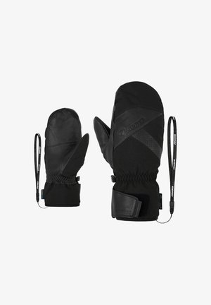 Schwarze Handschuhe aus Leder und Textil, mit einem Handgelenkband, elastischen Ärmeln und strukturierten Akzenten für zusätzlichen Grip.