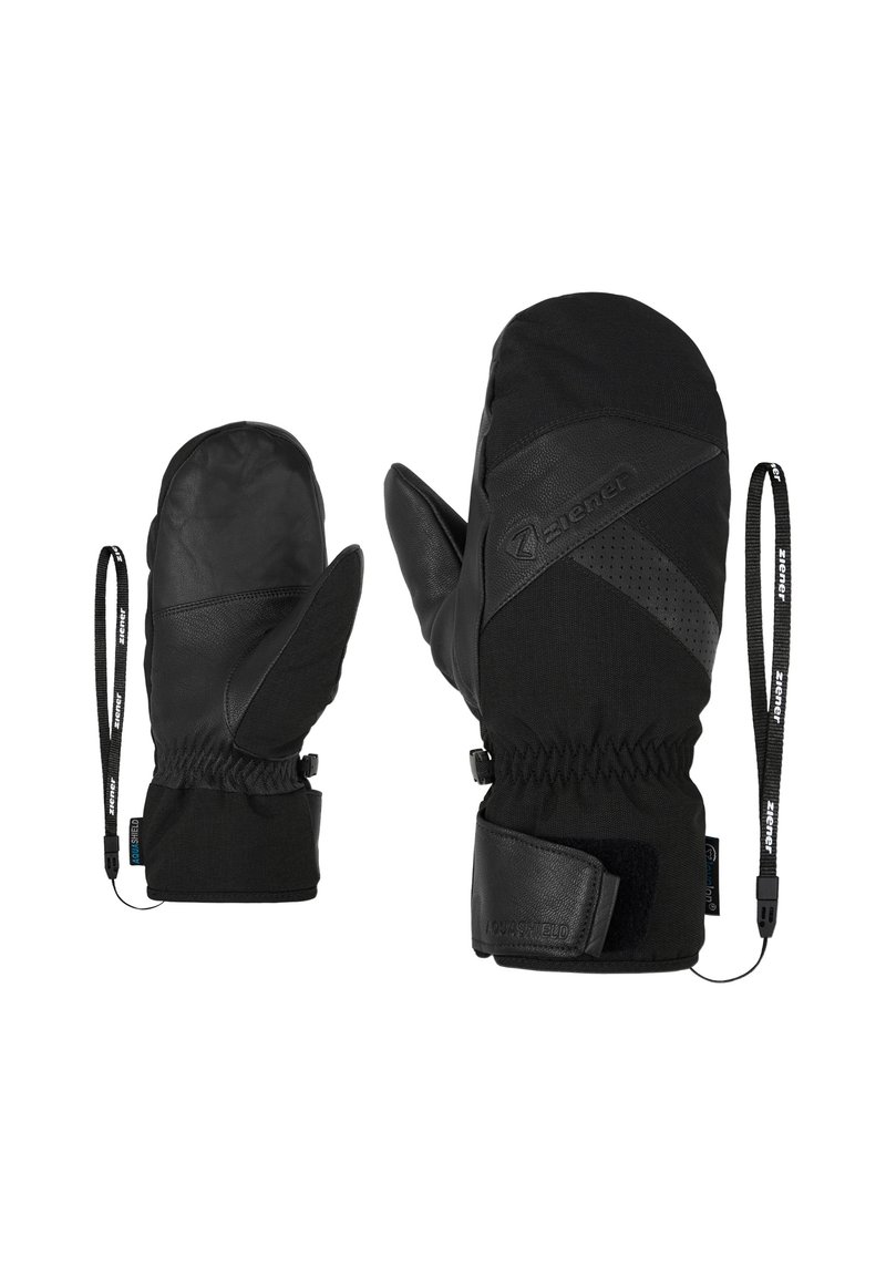 Schwarze Handschuhe aus Leder und Textil, mit einem Handgelenkband, elastischen Ärmeln und strukturierten Akzenten für zusätzlichen Grip.