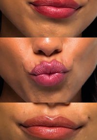 Drie close-ups van lippen met verschillende lippenstiftkleuren: diep rood, mauve roze geknoopt en glanzend nude.