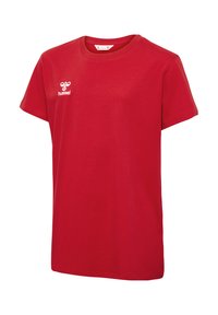 Rød bomulds T-shirt med korte ærmer, rund halsudskæring og et hvidt hummel-logo broderet på brystet. Glat tekstur med en afslappet pasform.