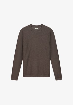 Brown long-sleeve sweater with a round neckline, textured fabric, and ribbed cuffs and hem. Features a small logo near the chest.