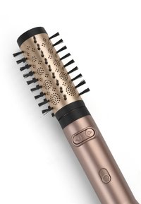Brosse de coiffage avec une tête cylindrique en bronze comportant des poils, des perforations, et une base noire avec des boutons de contrôle.