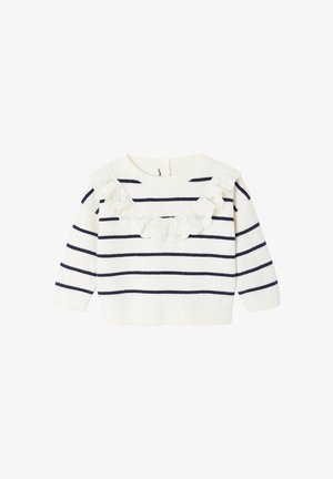 White long-sleeve sweater with navy horizontal stripes and a white lace ruffle detail across the chest and shoulders.
