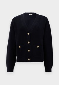 Navy ribbed cardigan with a V-neck, featuring six gold buttons and two front pockets. Soft texture and fitted cuffs complete the design.