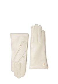 Weiße Lederhandschuhe mit glatter Textur, die ein Design mit vier Fingern aufweisen und feine dekorative Nähte sowie ein goldenes Emblem enthalten.