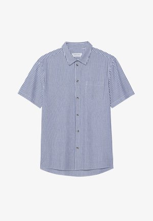 Lyhythihainen nappipusero, jossa on sinivalkoiset pystysuorat raidat, terävä kaulus ja vasemmassa rinnassa tasku. Sileä kankaan rakenne.