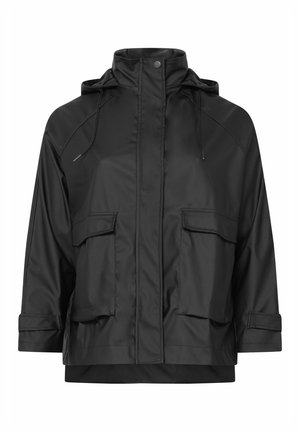 Schwarze wasserdichte Kapuzenjacke mit Frontreißverschluss, Druckknopfkragen, verstellbaren Manschetten und zwei großen Klappentaschen.