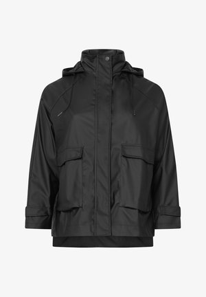 Schwarze wasserdichte Kapuzenjacke mit Frontreißverschluss, Druckknopfkragen, verstellbaren Manschetten und zwei großen Klappentaschen.