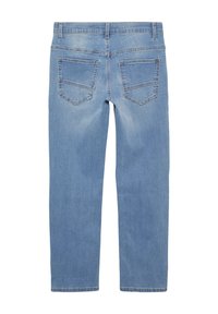 Jeans in denim blu chiaro con due tasche posteriori, passanti per cintura e leggera scoloritura sul sedere e sulla parte superiore delle gambe.