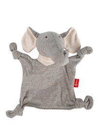 Gray elephant plush toy with large ears and a knotted blanket body. Made from soft fabric with speckles of orange and green.