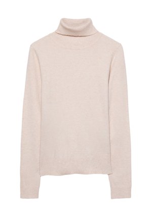 Pull beige côtelé à col roulé porté, avec cheveux blonds mi-longs partiellement visibles.