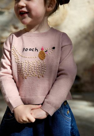 Junges Kind trägt einen rosa Pullover mit einem bestickten Hund und dem Wort „pooch“ sowie einen blauen Jeansrock und steht mit gefalteten Händen.