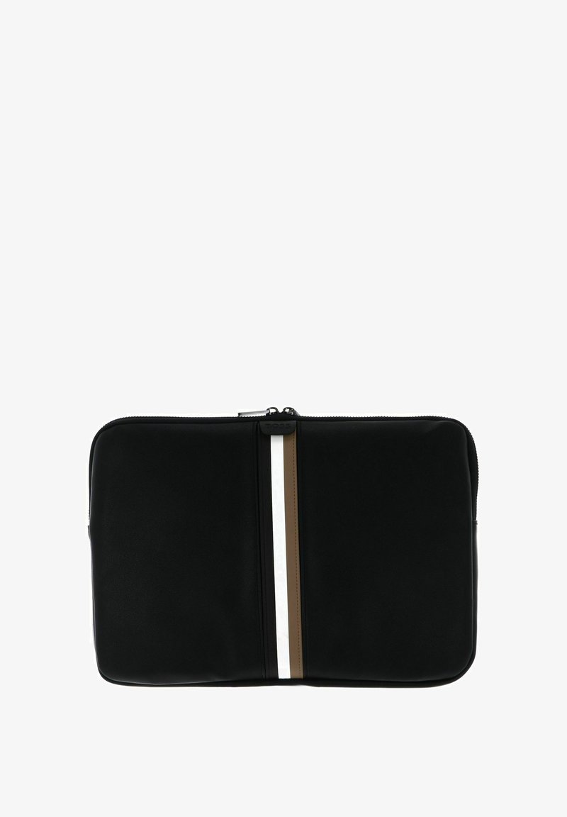 Pochette noire zippée avec des rayures verticales marron et blanches centrées à l'avant, forme rectangulaire, texture lisse.