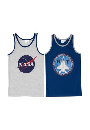 Two tank tops: one gray with a NASA logo, the other blue with a graphic featuring a space shuttle and text "Vehicle Integration & Test".