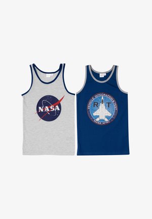Two tank tops: one gray with a NASA logo, the other blue with a graphic featuring a space shuttle and text "Vehicle Integration & Test".