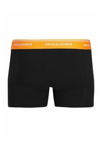 Melni bokseršorti ar oranžu jostu, uz kuras ir baltie "JACK & JONES" zīmoli. Gluda auduma, cieši pieguļoši un ar īsu kāju garumu.