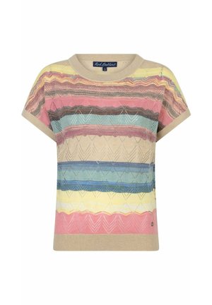 Tricot top met korte mouwen, multicolor horizontale strepen en subtiel chevronpatroon, beige rand aan mouwen en zoom, ronde halslijn.