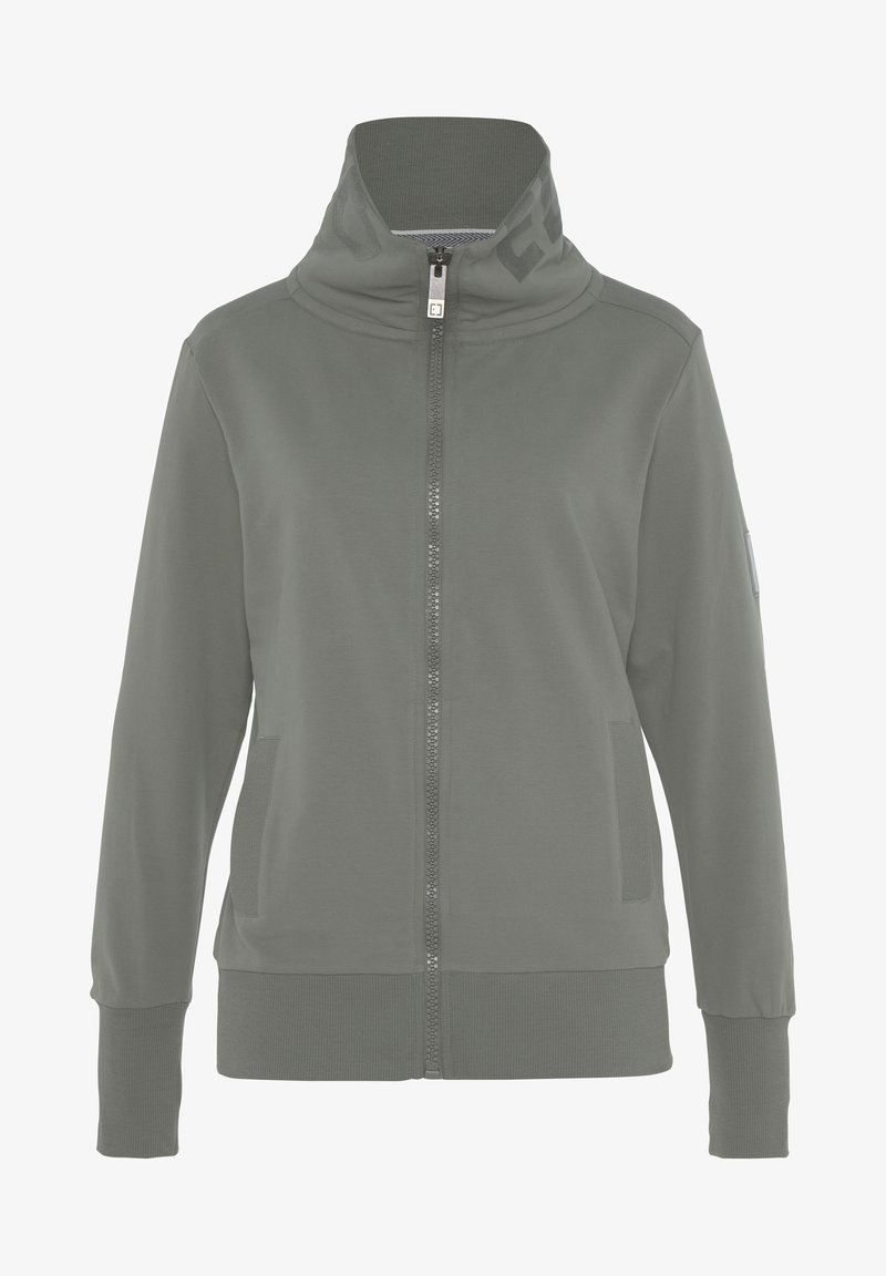 Graue Zip-Jacke mit hohem Kragen und geripptem Saum. Hergestellt aus weichem Material, mit seitlichen Taschen und einem Logo entlang des Kragen.